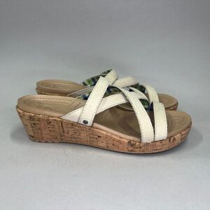 Crocs Women's Size 9 A-Leigh Cream Leather‎ Strap Cork Wedge Sandals